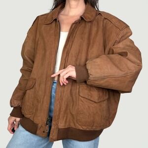 Vintage‎ 90s Brown Suede Leather Bomber Jacket Coat oversized plus size 26 28 3X